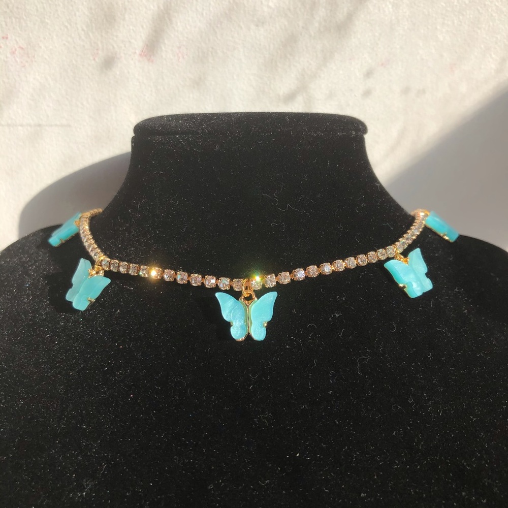 Rhinestone Blue Butterfly Choker Necklace